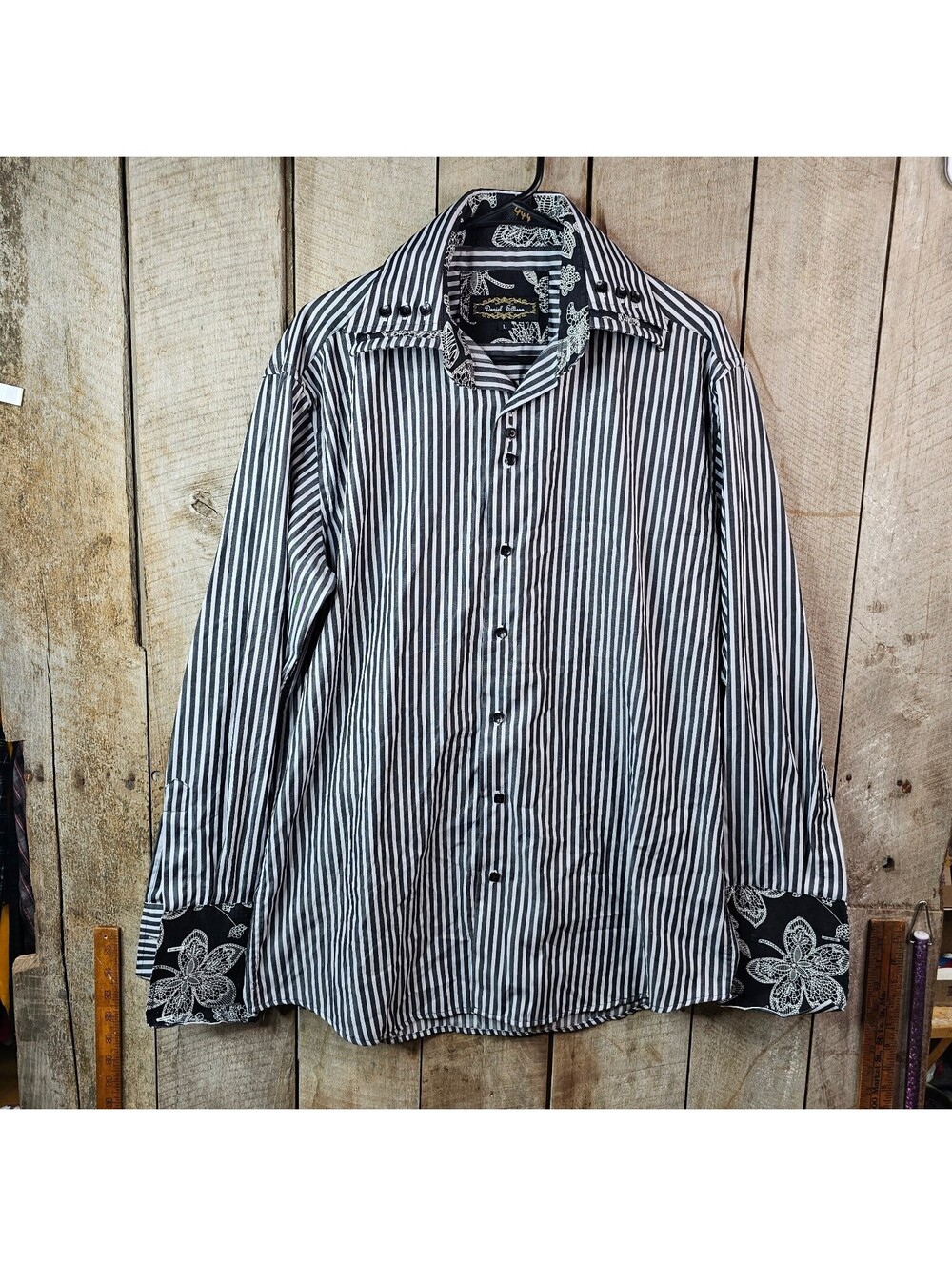 Daniel Elissa Men's L Black White Striped Button Down Shirt Long Sleeve Studded